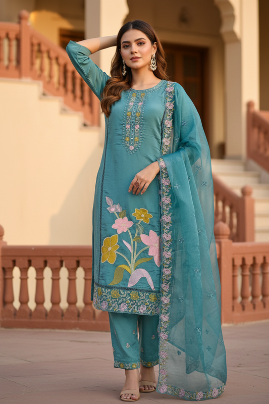 Pheran Teal Green Floral Embroidered Satin Silk Kurta Set with Dupatta (A2-TGS-SU)