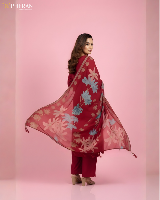 Pheran Women's Ruby Red Modal Suit Set with Floral Print Dupatta AM75