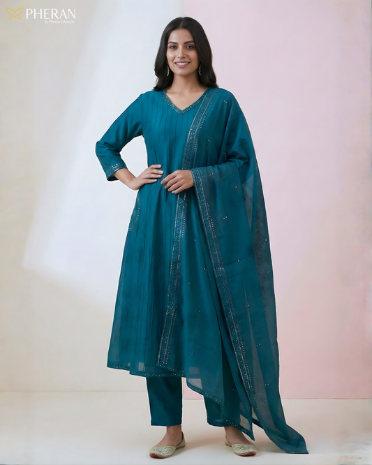 Pheran Women's Solid Teal Blue Cotton Suit Set AM83