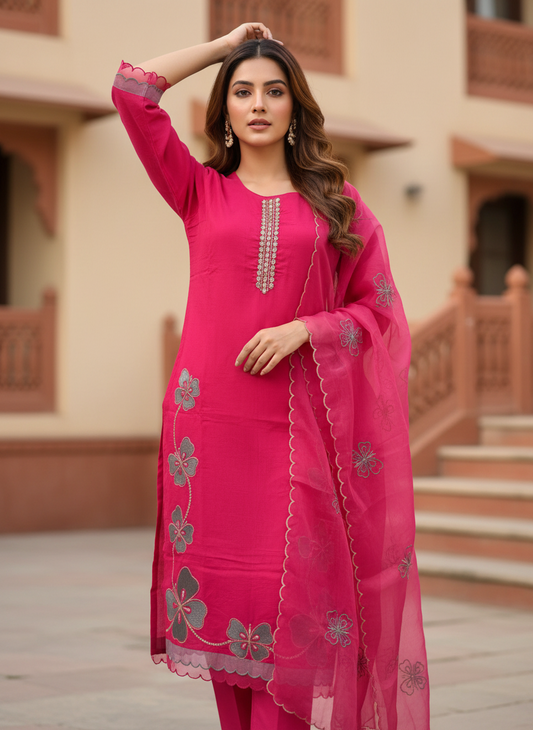Pheran Pink Butterfly Embroidered Kurta Set with Delicate Organza Dupatta (A2-9PK-95S)