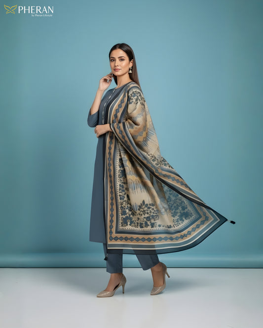 Pheran Women's Teal Blue and Ochre Print Modal Suit Set AM86