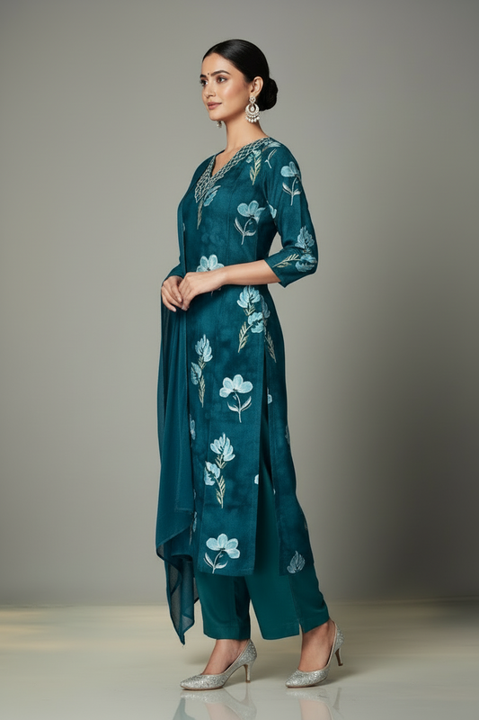 Pheran Teal Green Floral Printed Kurta Set with Embellished Neckline (M4-NU10-TB-SU)