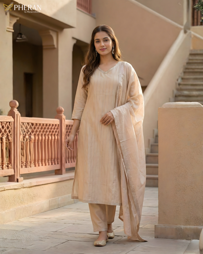 Pheran Women's Elegant Beige Suit Set with Silver Detailing AM76