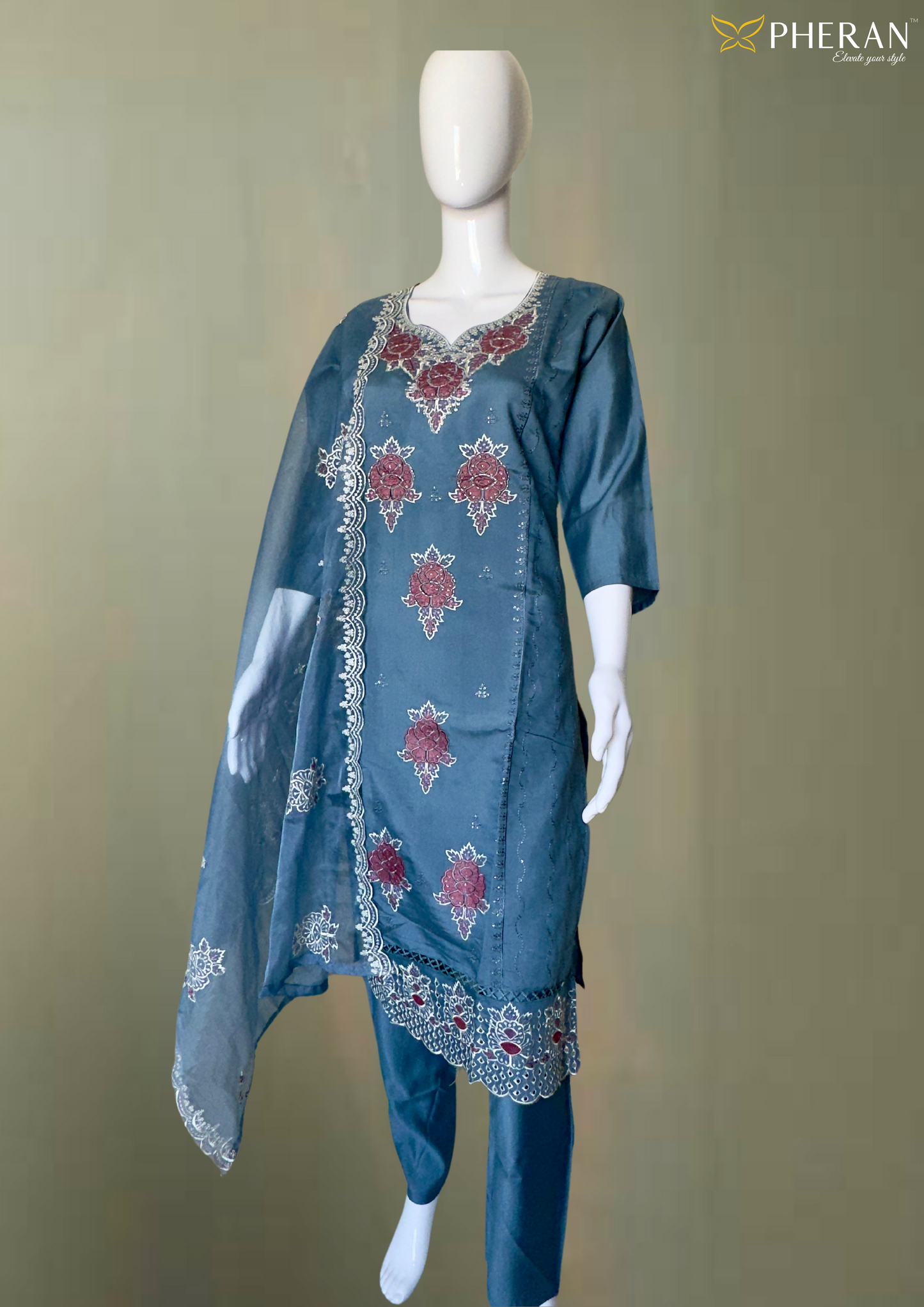 Premium Grey Floral Embroidered Kurta Set with Dupatta (BO-DU-14-GR)