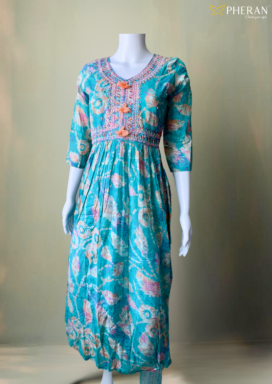 Pheran Premium Women's  Teal Floral Anarkali Suit (M4-1236-SB-AK)