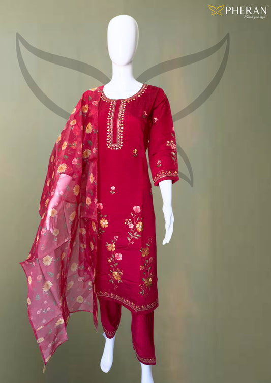 Pheran Premium Red Floral Embroidered Kurta Set (BO-SM-158-RN)