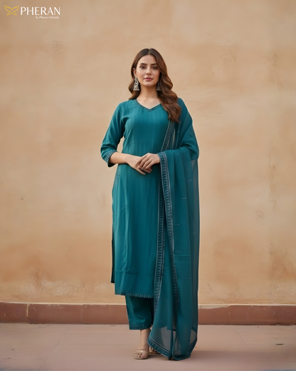Pheran Women's Solid Teal Blue Cotton Suit Set AM83