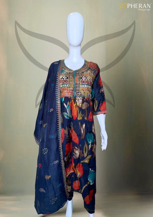 Pheran Navy Multicolored Printed Women's  Anarkali Kurta Set with Dupatta (M4-2224-NM-AK)