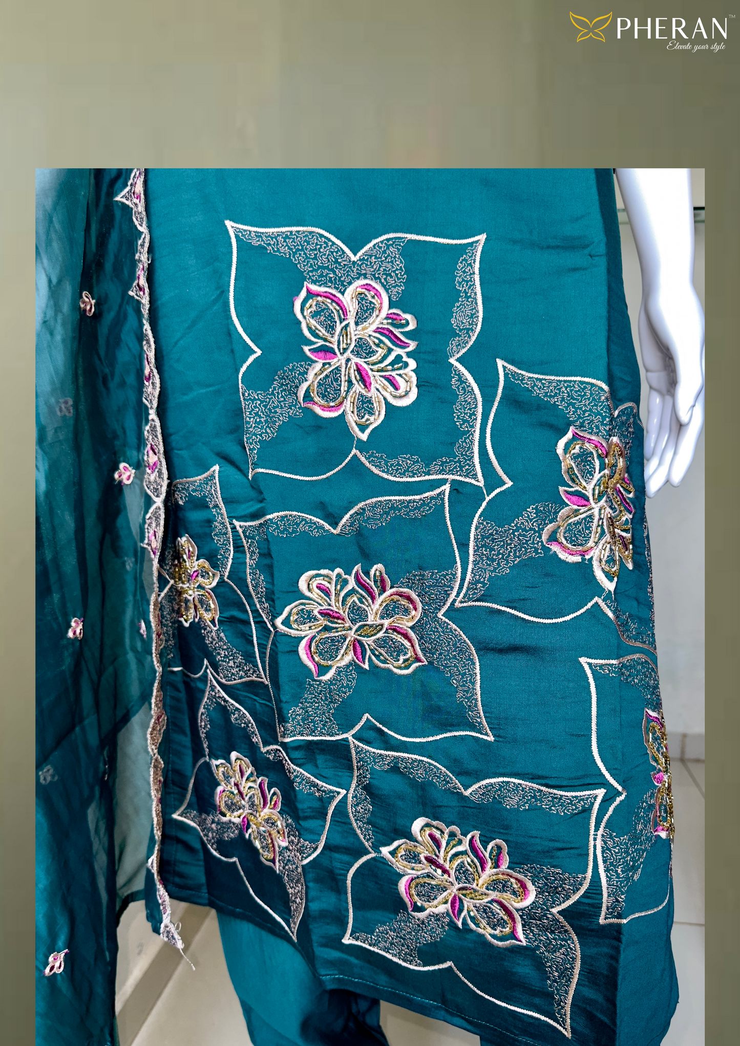 Pheran Teal Green Embroidered Kurta Set with Matching Dupatta ( A2-TG-SU)