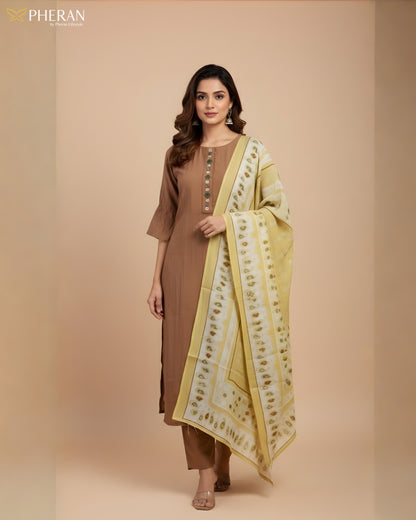 Pheran Women's Brown and Sunshine Print Modal Suit Set  AM85