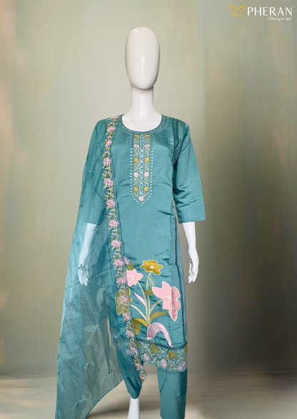 Pheran Teal Green Floral Embroidered Satin Silk Kurta Set with Dupatta (A2-TGS-SU)