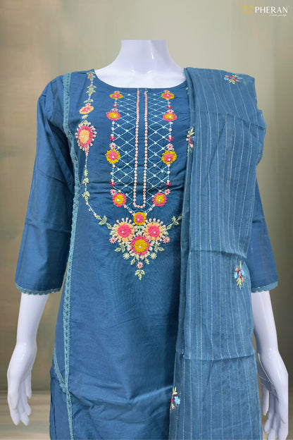 Pheran Deep Blue Embroidered Kurta Set with Dupatta (SV-KL76-BU)