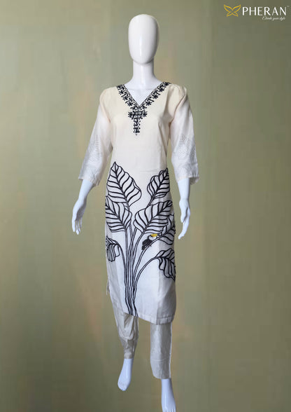 Pheran White and Black Embroidered Kurta Set with Botanical Printed Dupatta (BO-A1-0110-CR)