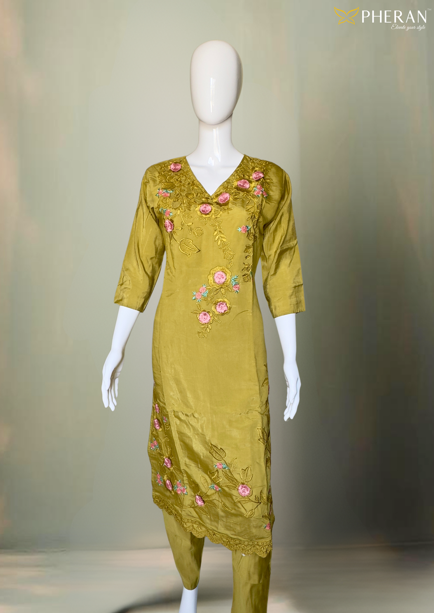 Pheran Women’s Mustard Yellow Floral Embroidered Suit Set with Dupatta (A2-MY-SU)