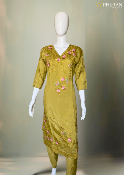 Pheran Women’s Mustard Yellow Floral Embroidered Suit Set with Dupatta (A2-MY-SU)