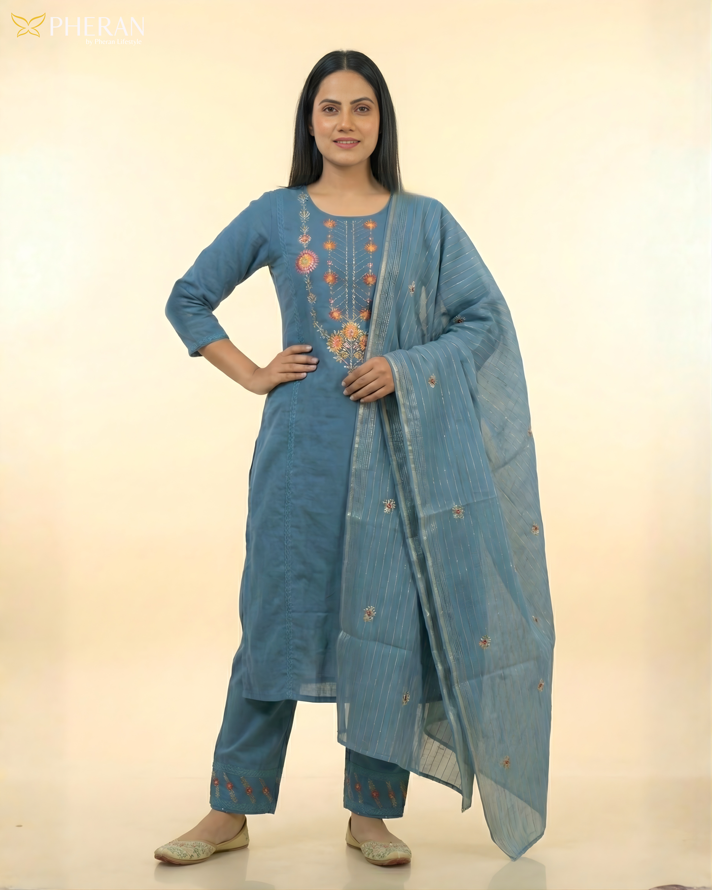 Pheran Deep Blue Embroidered Kurta Set with Dupatta (SV-KL76-BU)