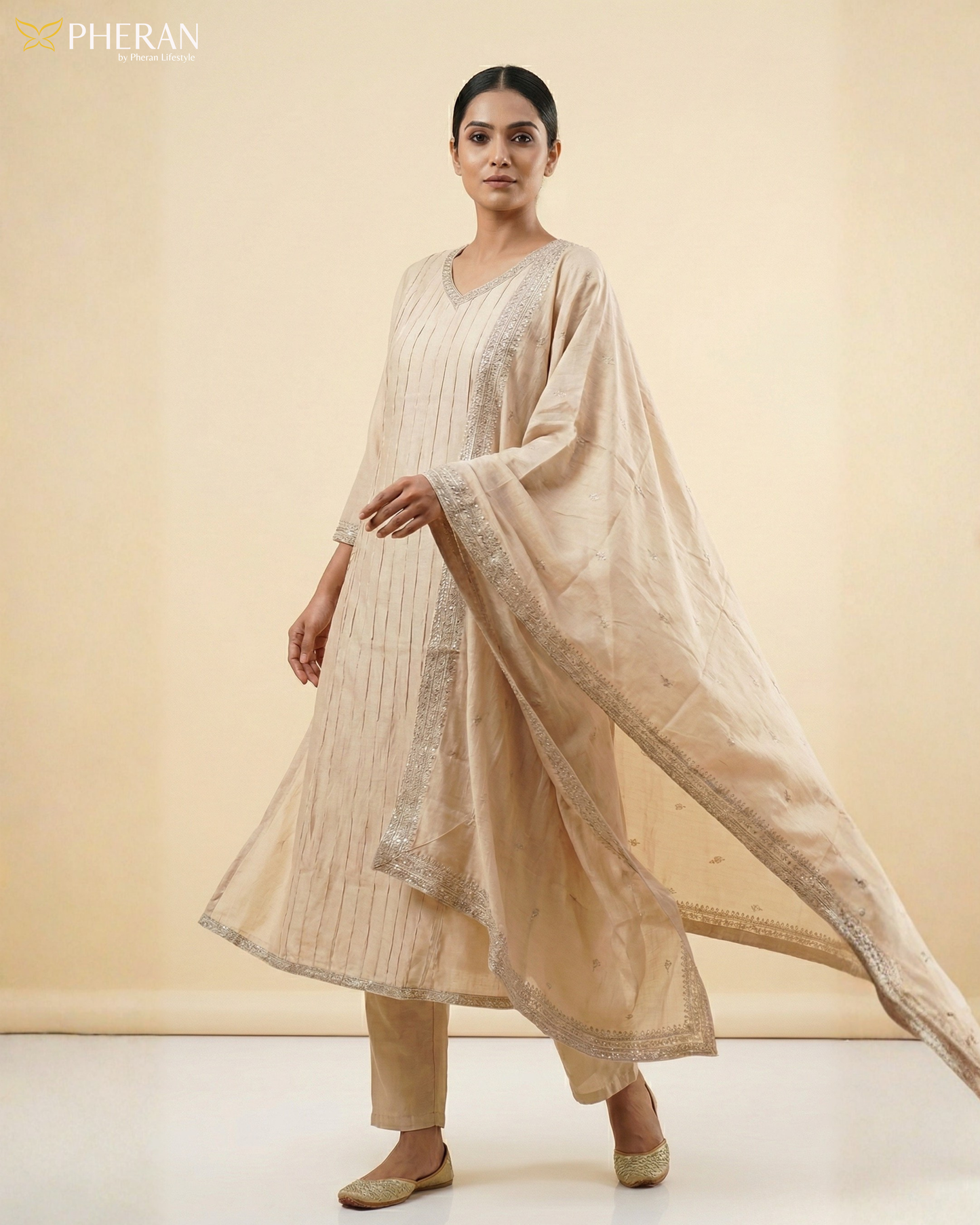 Pheran Women's Elegant Beige Suit Set with Silver Detailing AM76