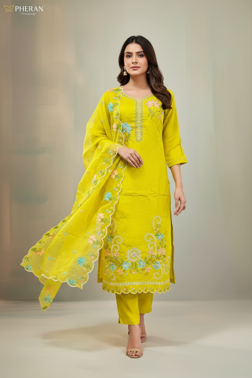 Pheran Women’s Lime Green Floral Embroidered Kurta Set with Dupatta (A2-2510-LG)