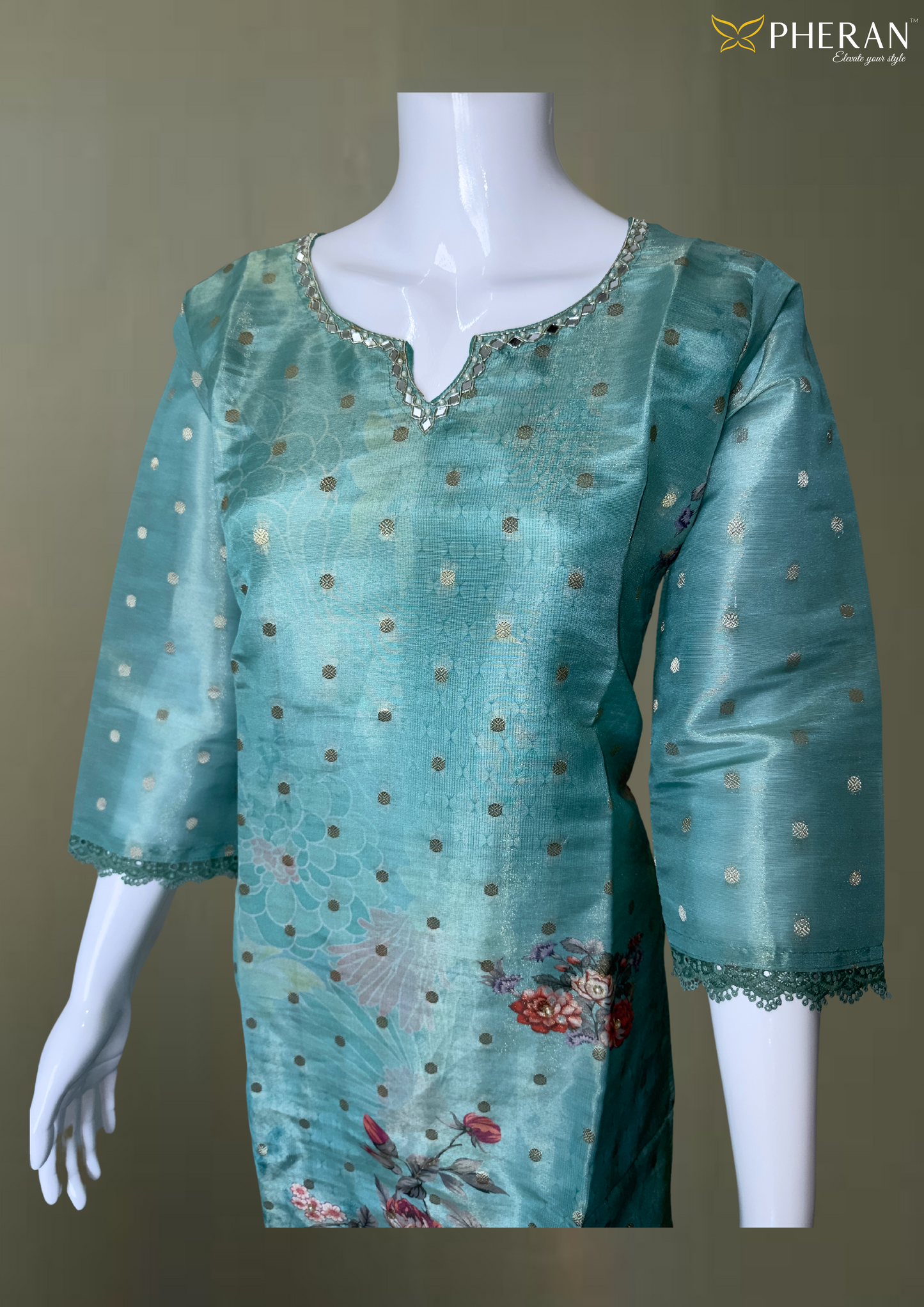 Pheran Teal Floral Printed Silk Kurta Set with Dupatta (BO-AU-05-RA)