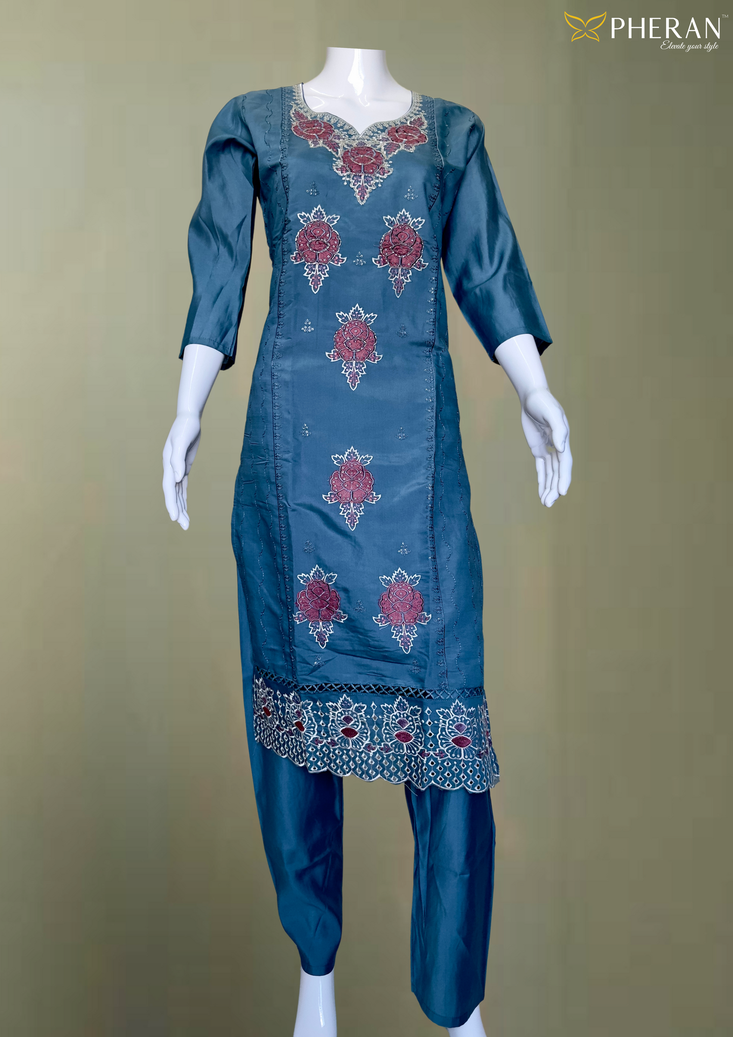 Premium Grey Floral Embroidered Kurta Set with Dupatta (BO-DU-14-GR)