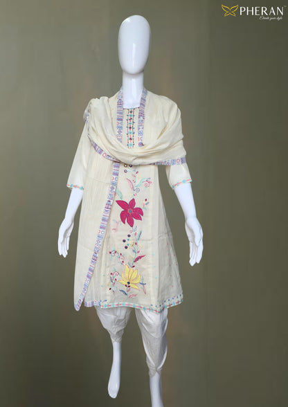 Pheran Cream Cotton Floral Embroidered Kurta Set with Dupatta (BO-DN-107)