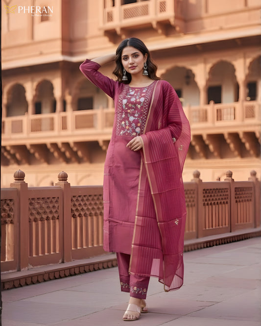 Pheran Deep Maroon Floral Embroidered Kurta Set with Dupatta (SV-KL72-MN)