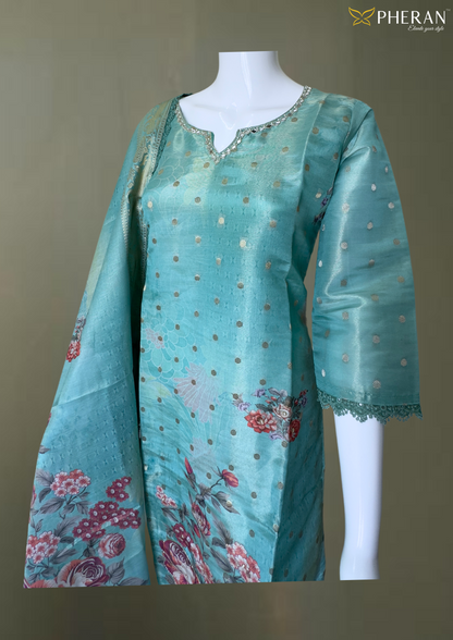 Pheran Teal Floral Printed Silk Kurta Set with Dupatta (BO-AU-05-RA)