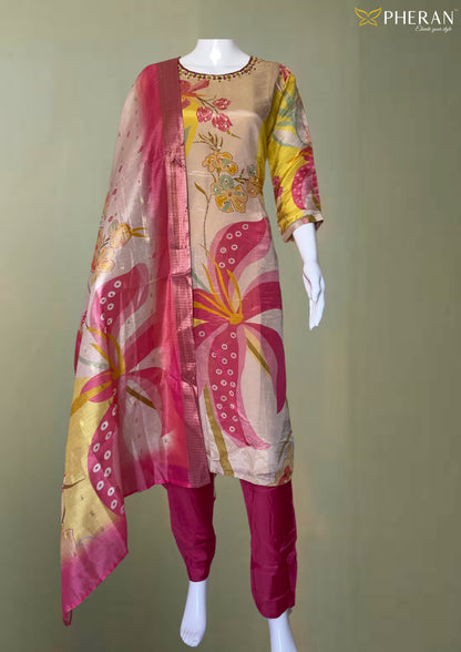 Pheran Multicolor Floral Silk Kurta Set with Dupatta (BO-3313-PK)