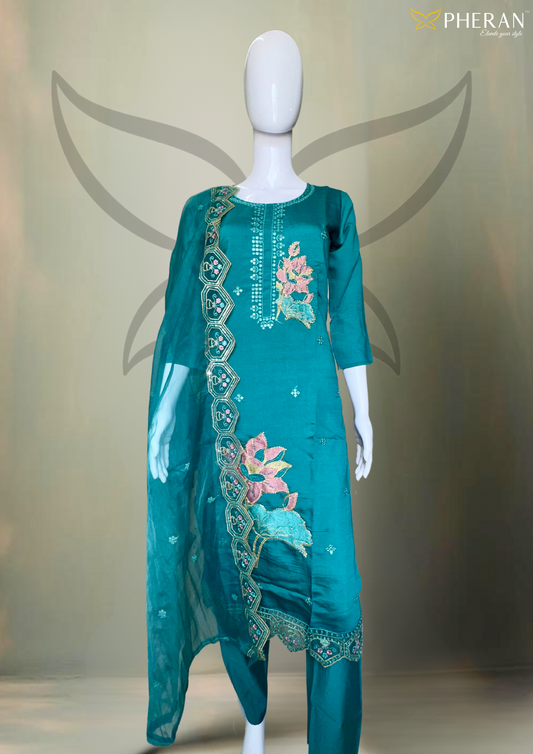 Pheran Teal Blue Floral Embroidered Kurta Set with Dupatta (A2-TAB-SU)