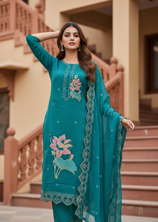 Pheran Teal Blue Floral Embroidered Kurta Set with Dupatta (A2-TAB-SU)