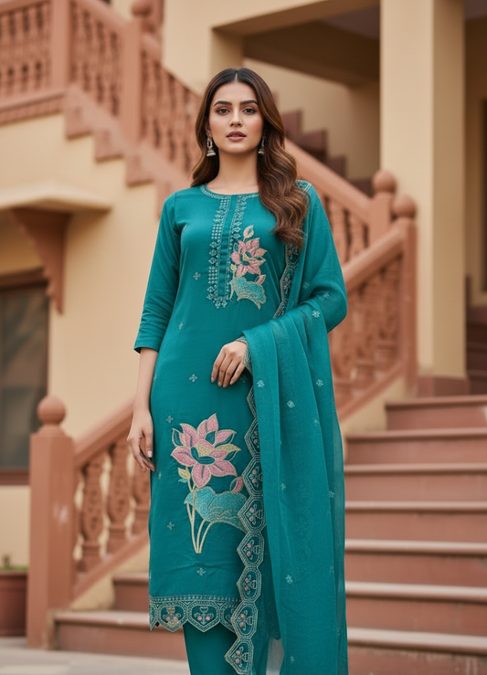 Pheran Teal Blue Floral Embroidered Kurta Set with Dupatta (A2-TAB-SU)