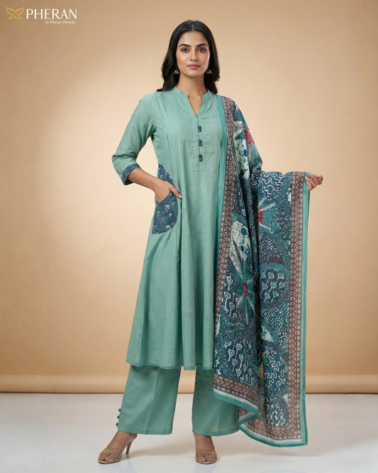 Pheran Women's Sage Green A-Line Suit with Printed Dupatta AM80