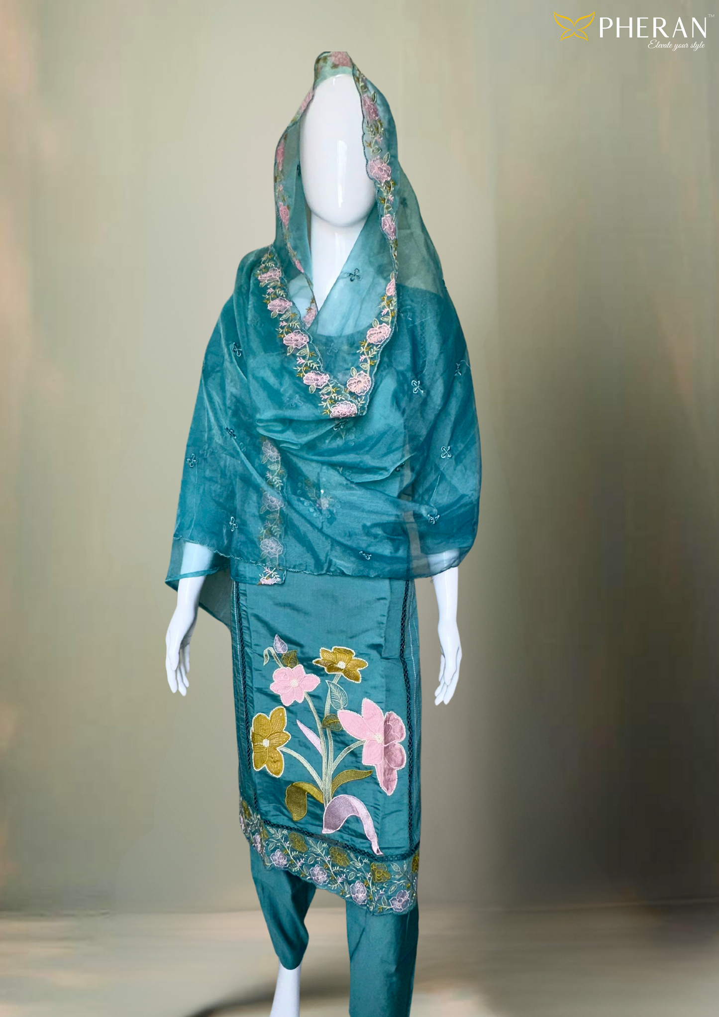 Pheran Teal Green Floral Embroidered Satin Silk Kurta Set with Dupatta (A2-TGS-SU)