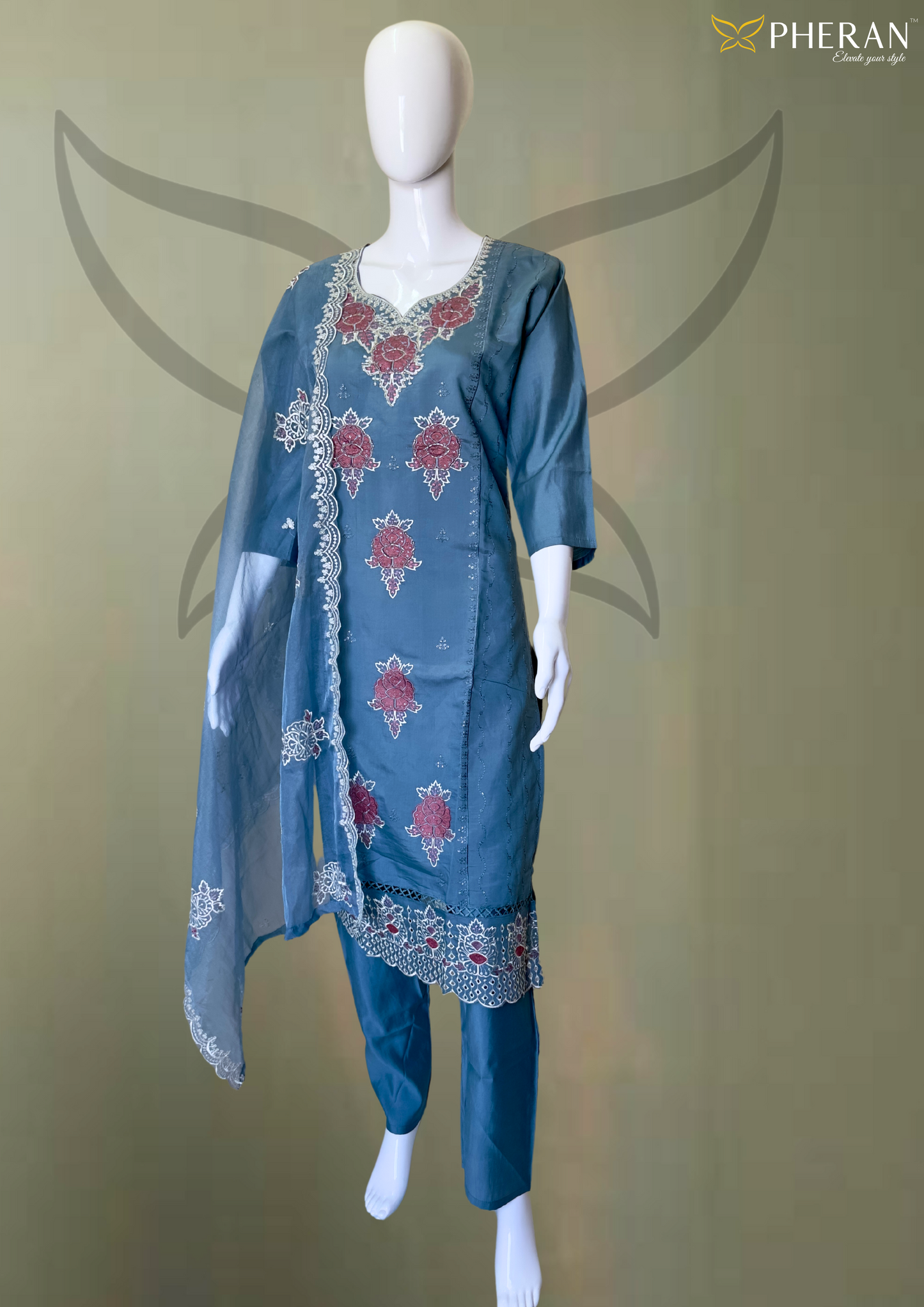 Premium Grey Floral Embroidered Kurta Set with Dupatta (BO-DU-14-GR)