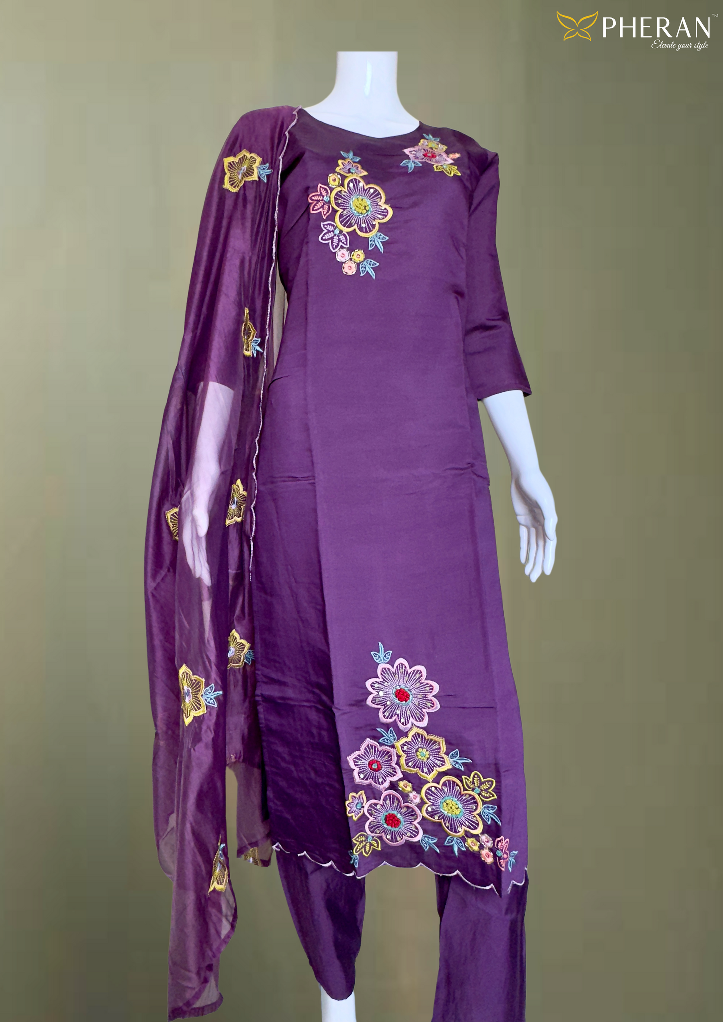 Pheran Purple Floral Embroidered Kurta Set with Dupatta (A2-PR-SU)