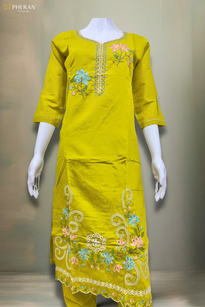 Pheran Women’s Lime Green Floral Embroidered Kurta Set with Dupatta (A2-2510-LG)