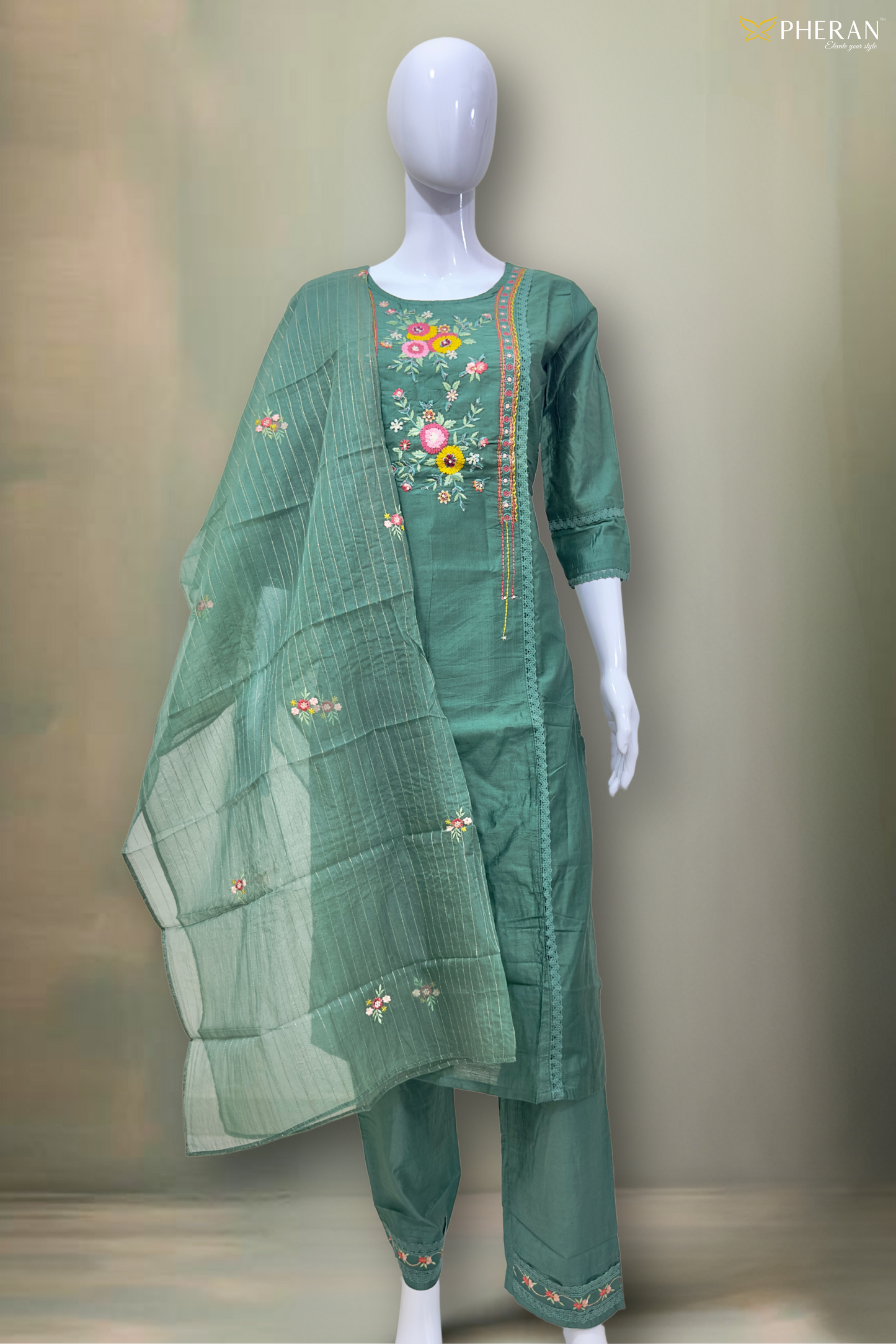 Pheran Verdant Green Embroidered Kurta Set with Dupatta (SV-KL75-GN)