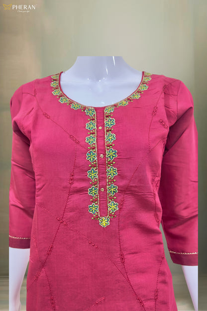 Pheran Pink Floral Embroidered Kurta Set with Organza Dupatta (A2-8PK-95S)