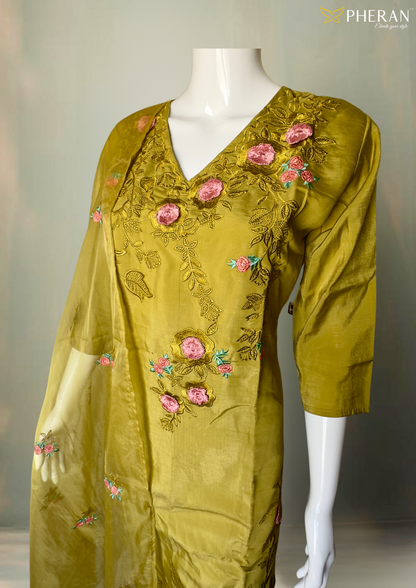 Pheran Women’s Mustard Yellow Floral Embroidered Suit Set with Dupatta (A2-MY-SU)
