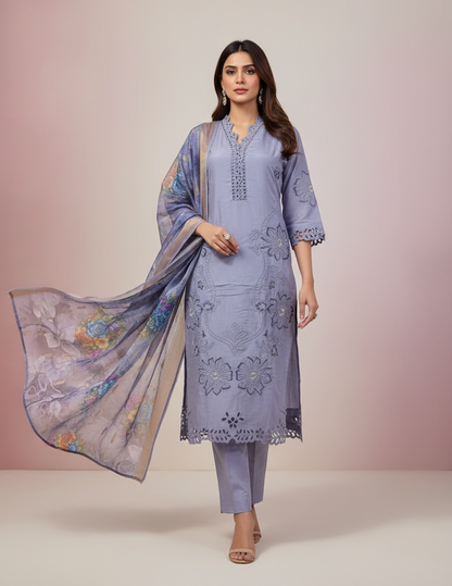 Pheran Women’s Lavender Cutwork Embroidered Kurta Set with Printed Dupatta (A2-2510-LV)