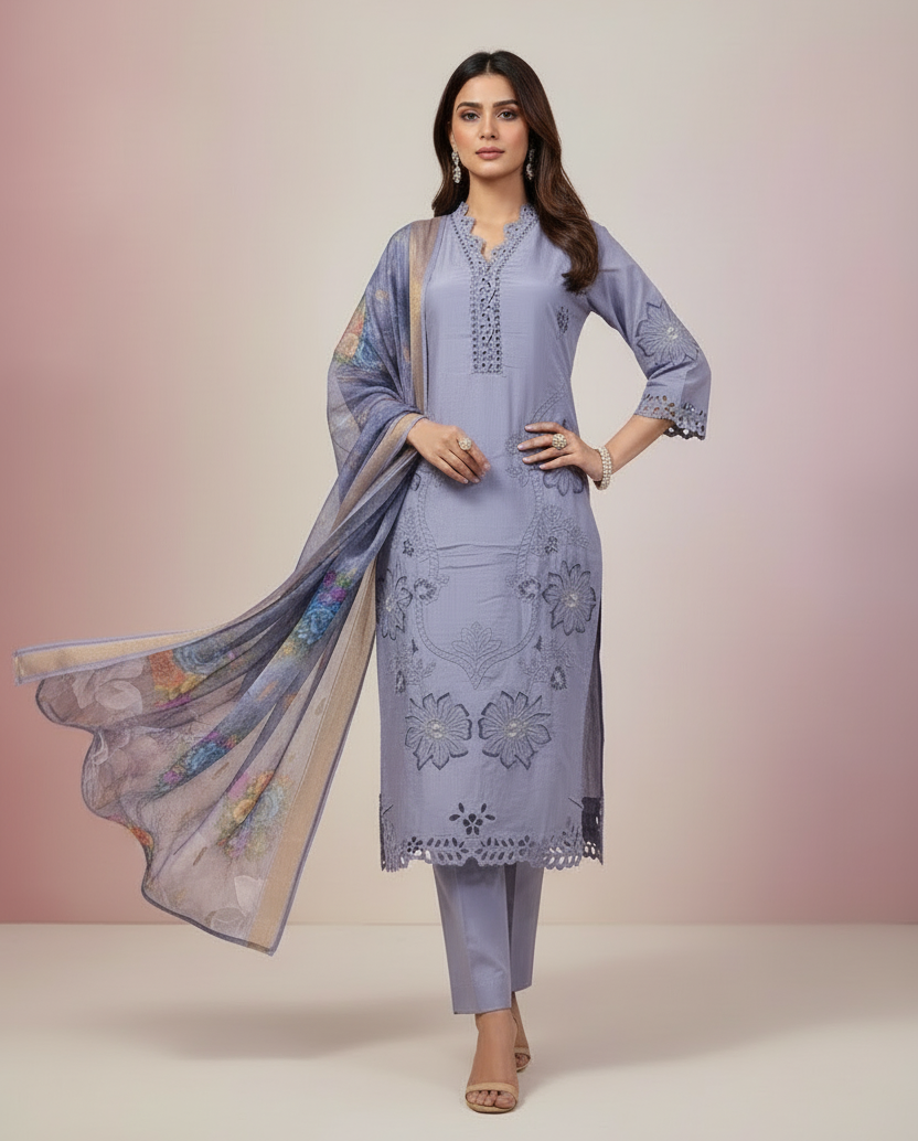 Pheran Women’s Lavender Cutwork Embroidered Kurta Set with Printed Dupatta (A2-2510-LV)