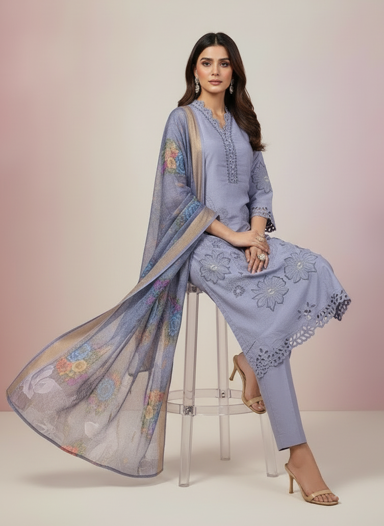 Pheran Women’s Lavender Cutwork Embroidered Kurta Set with Printed Dupatta (A2-2510-LV)