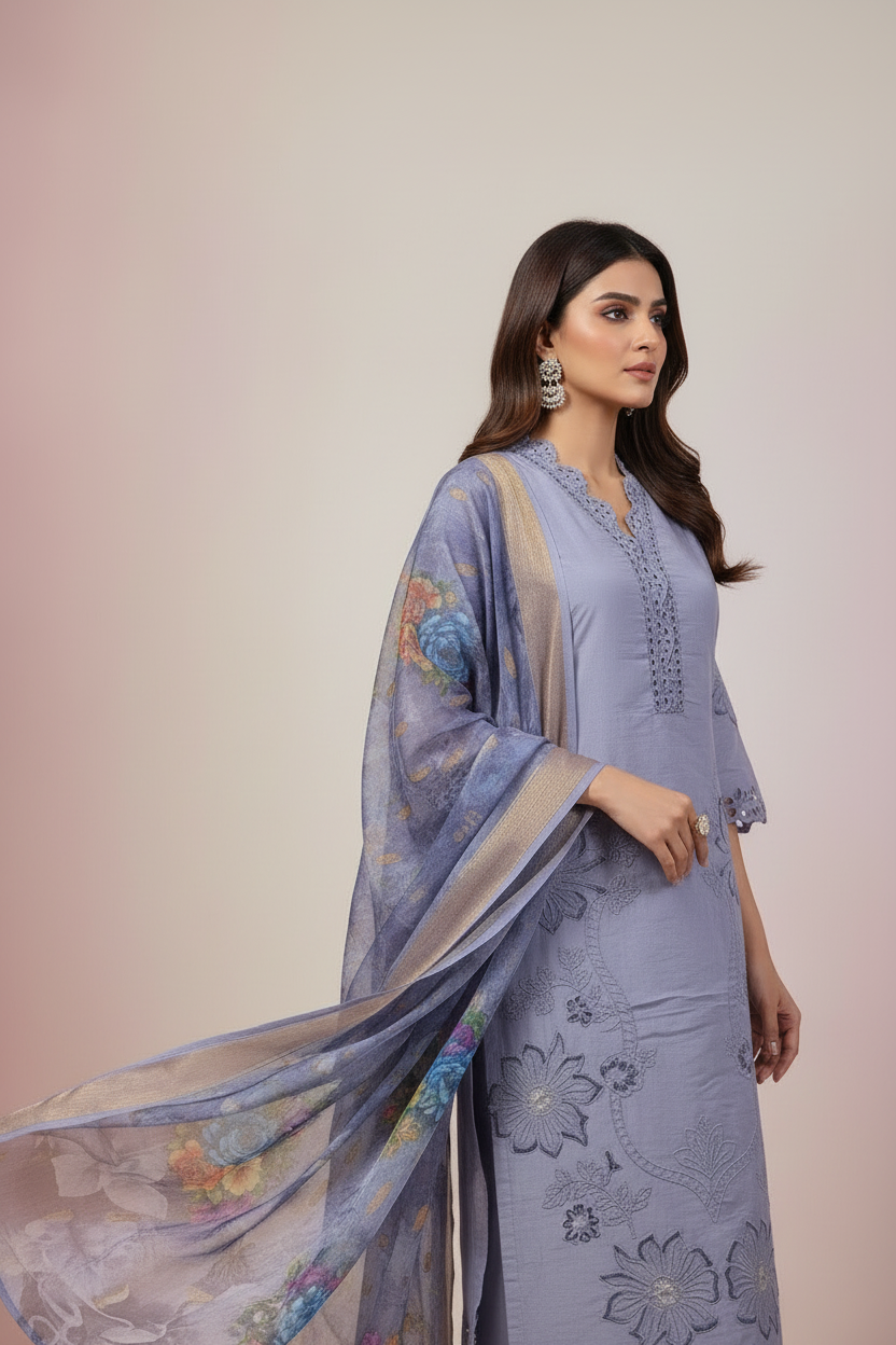 Pheran Women’s Lavender Cutwork Embroidered Kurta Set with Printed Dupatta (A2-2510-LV)