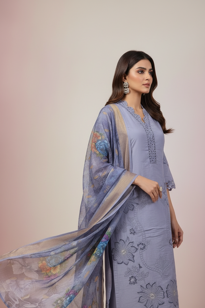 Pheran Women’s Lavender Cutwork Embroidered Kurta Set with Printed Dupatta (A2-2510-LV)