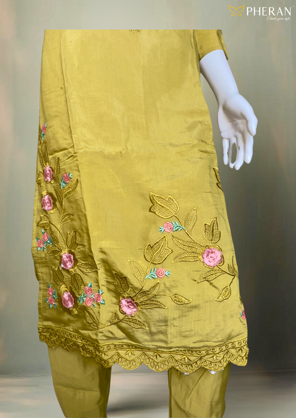 Pheran Women’s Mustard Yellow Floral Embroidered Suit Set with Dupatta (A2-MY-SU)