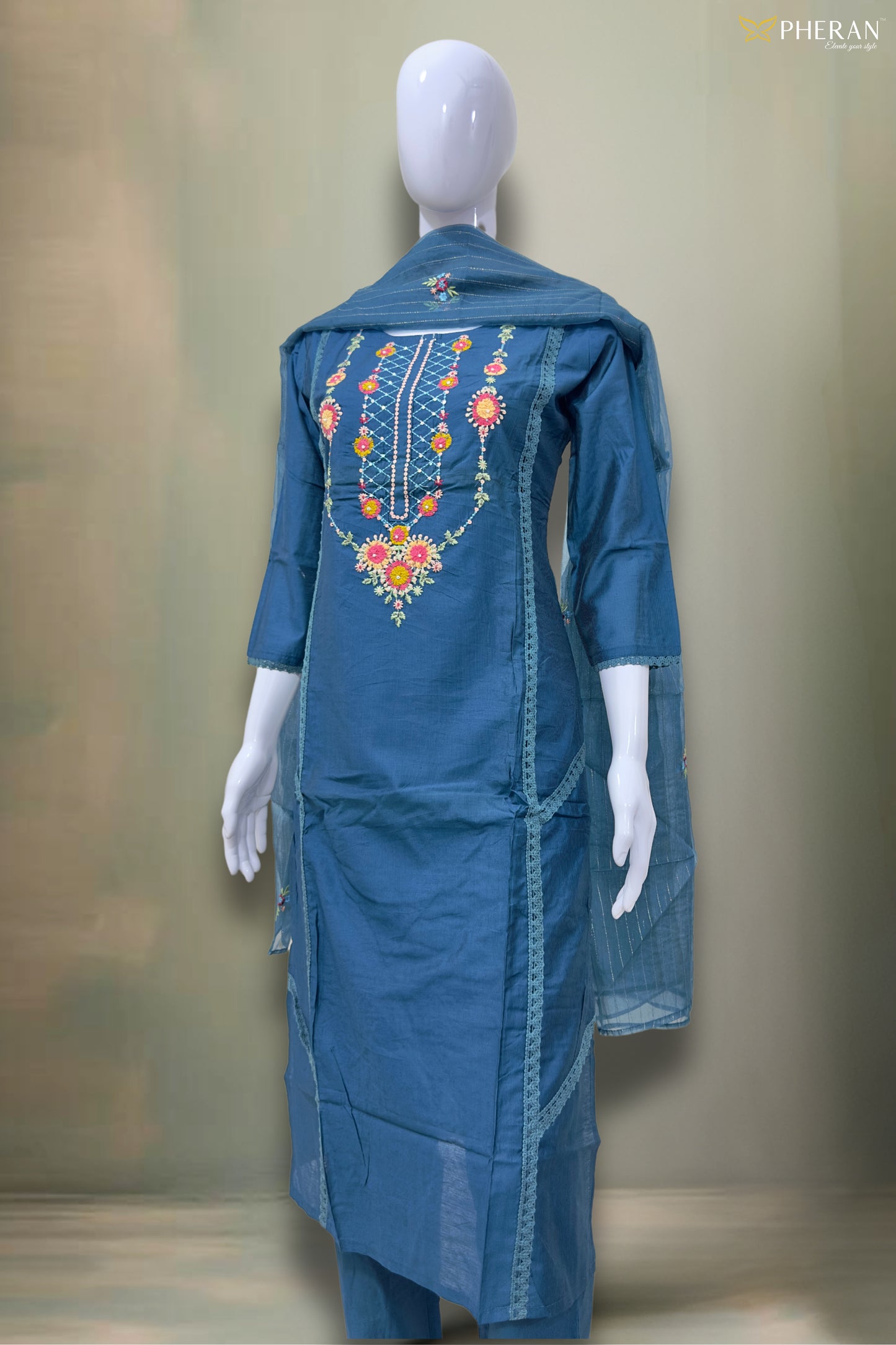 Pheran Deep Blue Embroidered Kurta Set with Dupatta (SV-KL76-BU)