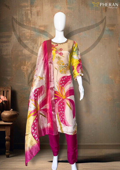 Pheran Multicolor Floral Silk Kurta Set with Dupatta (BO-3313-PK)