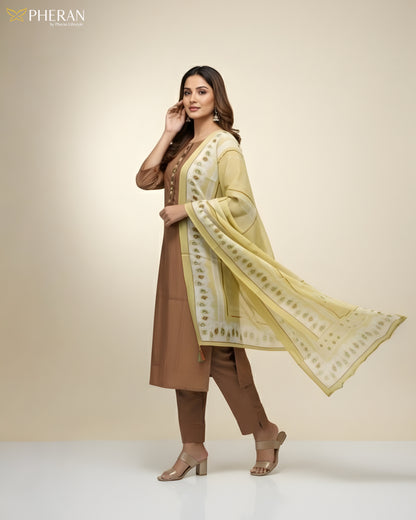 Pheran Women's Brown and Sunshine Print Modal Suit Set  AM85