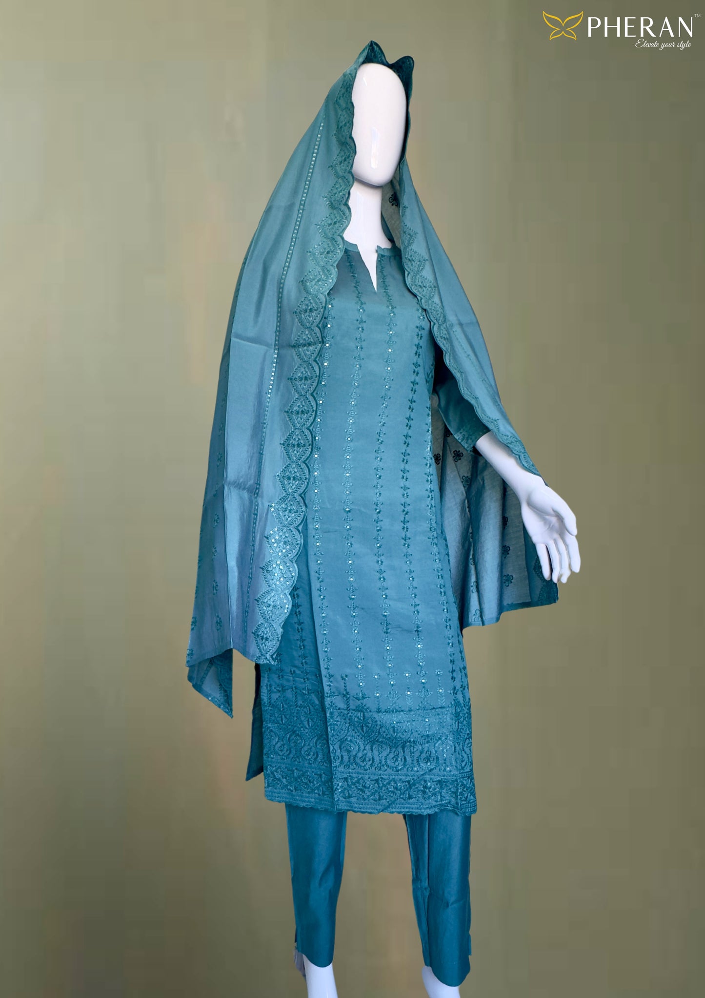 Pheran Premium Teal Embroidered Straight Suit Set (BO-4511-SK)