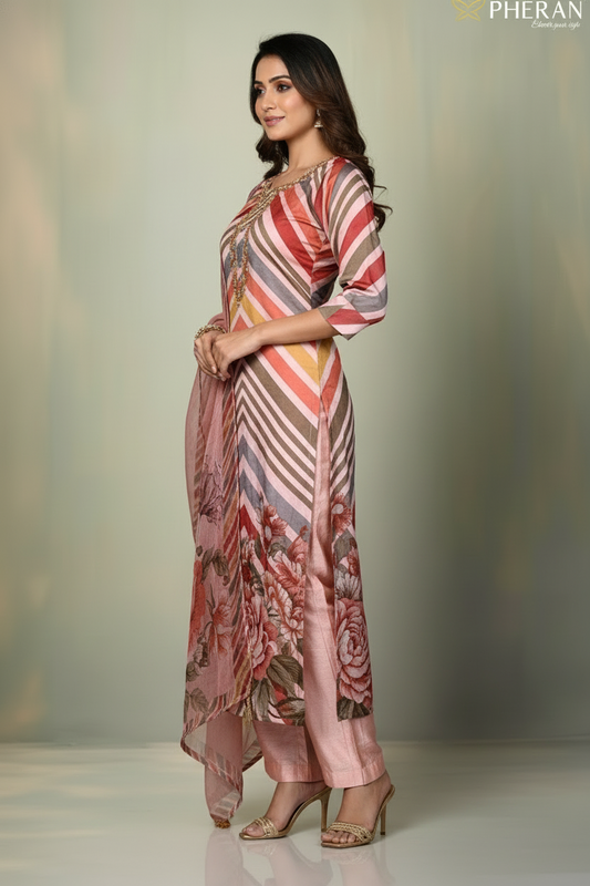 Pheran Peach Multicolored Striped Kurta Set with Floral Dupatta (M4-HE42-PM-SU)